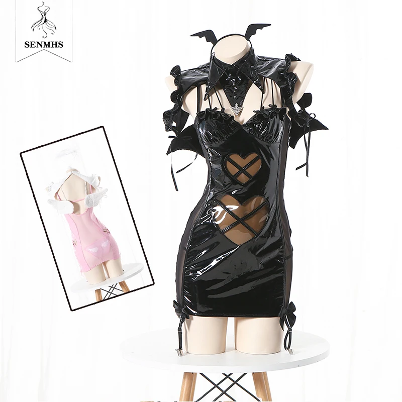 

SENMHS Halloween Night Angel Demon Cosplay Uniform Lingerie Women Mesh Love Hollow Leather Devil Angel Wings Dress Set