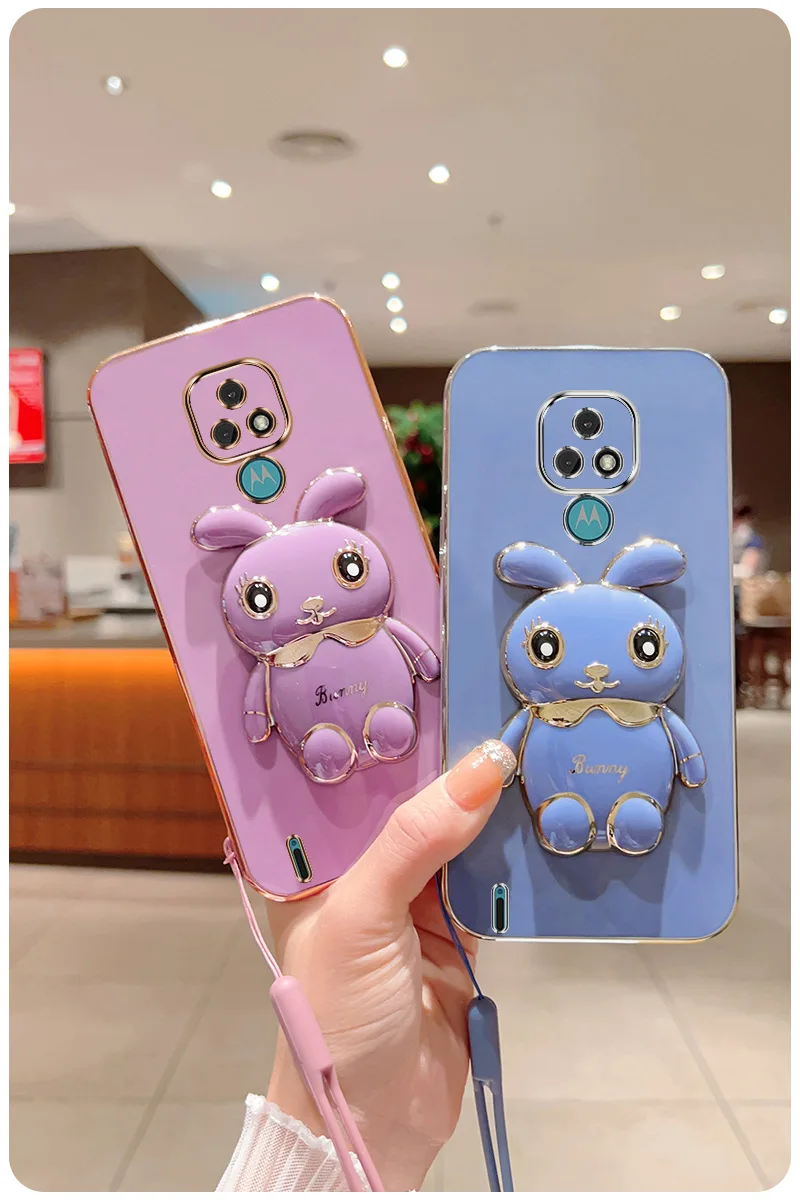 3D Rabbit Astronaut CaseFor Motorola Moto G53 E7 G8 Power G9 Play G50 G20 G30 G60 G82 E20 Edge 20 Folded Bracket Plating_voghion.com