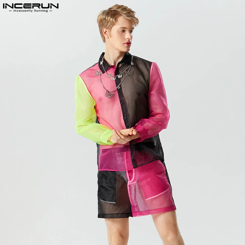 

2023 Men Sets Patchwork Mesh Lapel Long Sleeve Shirt & Shorts 2PCS Sexy Streetwear Transparent Loose Fashion Men Suits INCERUN