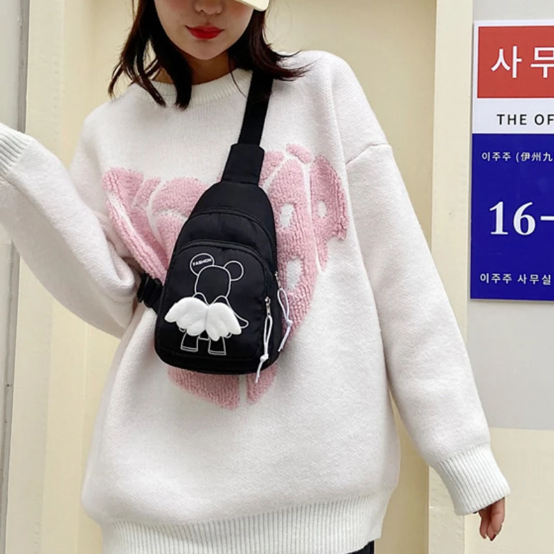 Japanese Cute Simple Wings Little Bear Chest Bags Female New Solid Color Student Shoulder Mobile Phone Bag All-match