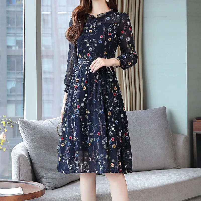 Navy Floral Vintage O-Neck Lace Up Three Quarter Sleeve A-Line Women's  Dress Korean Fashion Knee-Length Dresses For Women Spring - AliExpress  200000345