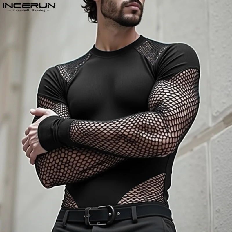 Men's Handsome Casual Long Sleeve Bodysuits Well Fitting Mesh Splicing Jumpsuits Comfortable Homewear Loungewear
