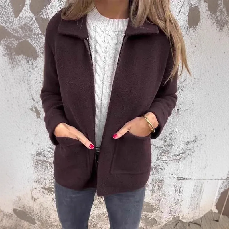 Autumn Winter New Women's Collar Solid Zipper Pocket Jacket Women's Coat Oberbekleidung Замшевая Куртка Женская 1