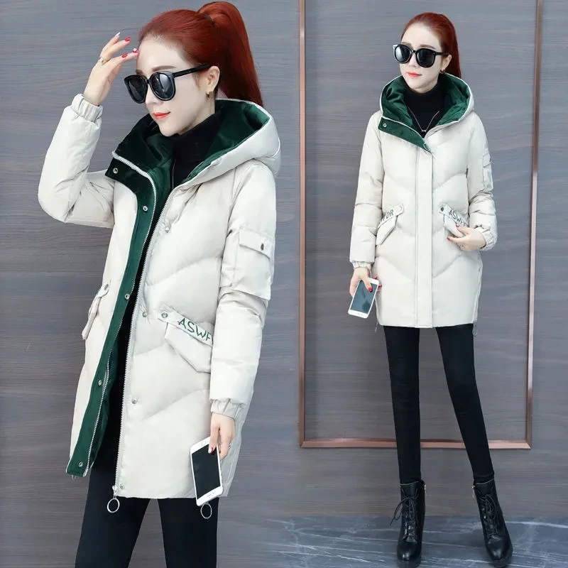 New Winter Patchwork Hooded Padded Coats Loose Mid-length Parkas Women Windproof Casual Cotton Jackets Zipper Snow Abrigos Mujer