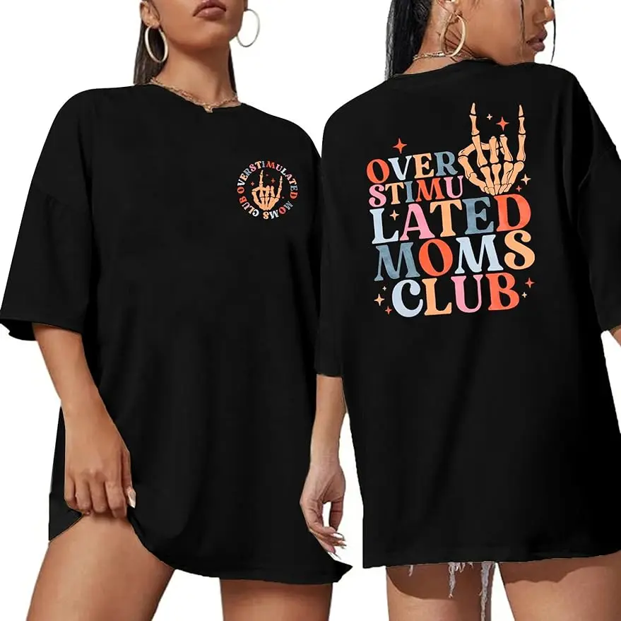 

Oversized Tshirts for Women Mama Shirt - Overstimulated Moms Club Shirt Funny Graphic Shirts Casual Short Sleeve Tees