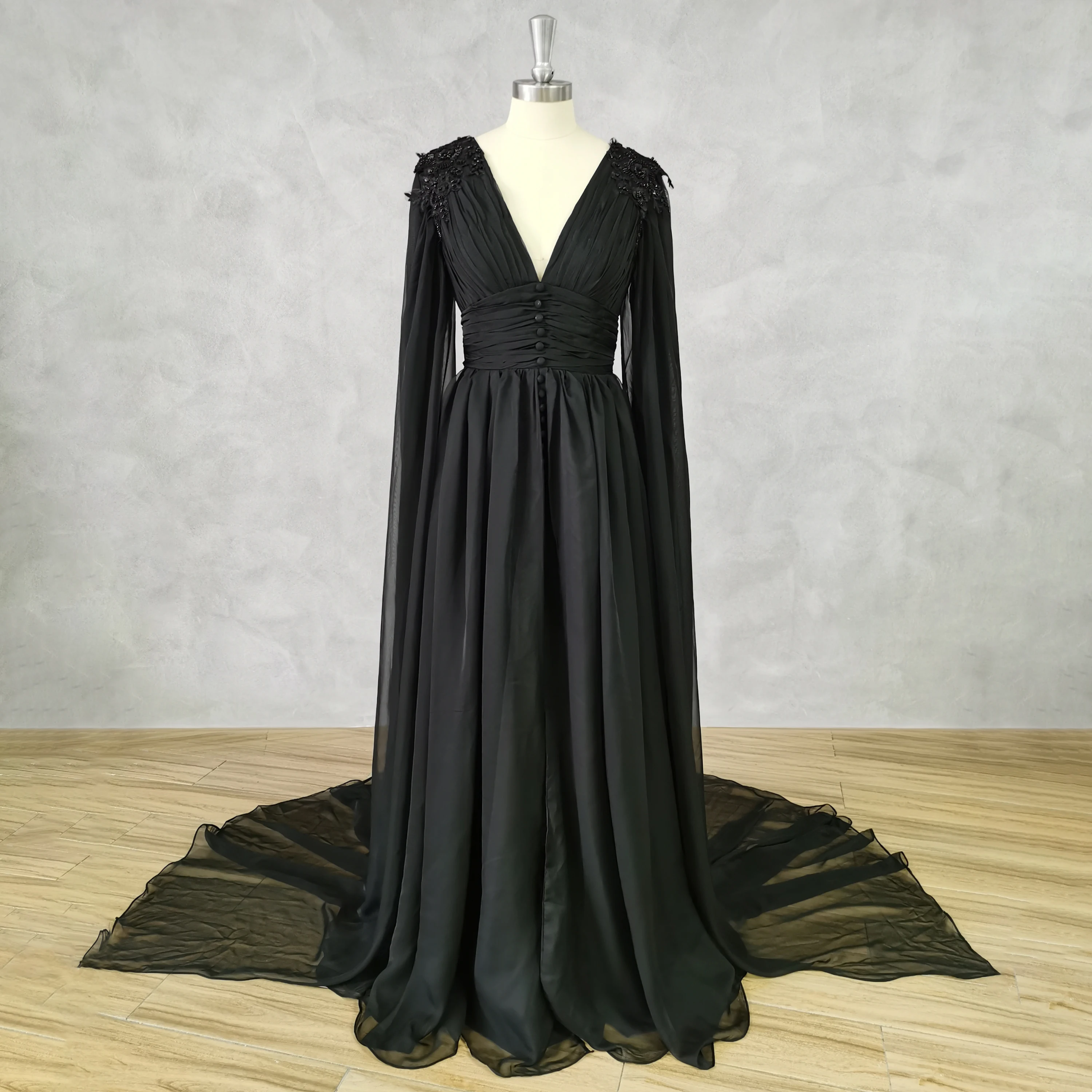 

DIDEYTTAWL Real Photos V-Neck Long Sleeves Pleats Prom Dress Chiffon Zipper Back A-Line Court Train Evening Gown Custom Made