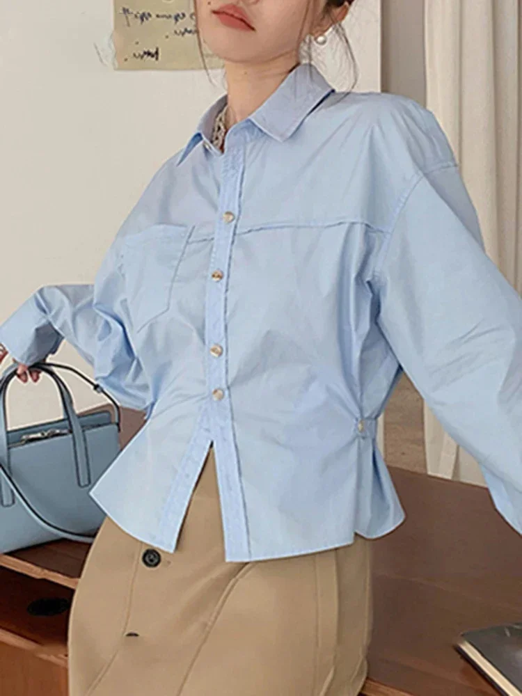 New Solid Color Fashion Single-breasted Female Slim Waist French Blue Shirt with Chic Pockets Simple and Generous Ladies Shirt lapel suit jacket chic women s workwear loose fit lapel with flap pockets for spring autumn seasons women suit coat