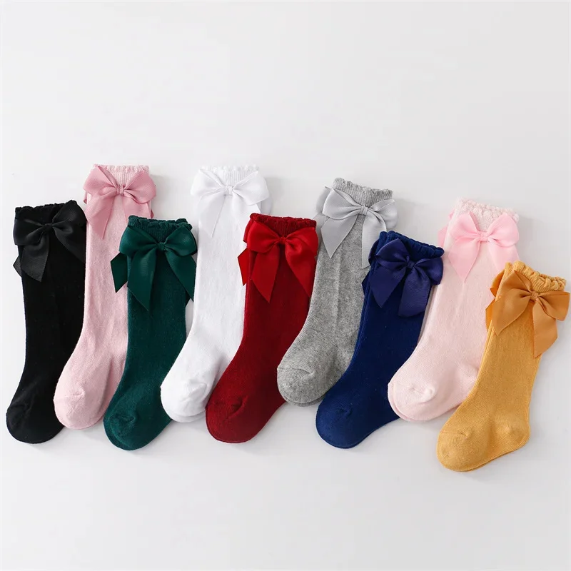0-7Years Old Cotton Baby Girls Socks With Bows Knee High Children Princess Stocking For Girls Toddler Kids Long Sock Autumn New cotton knee socks knee length socks over the calf socks