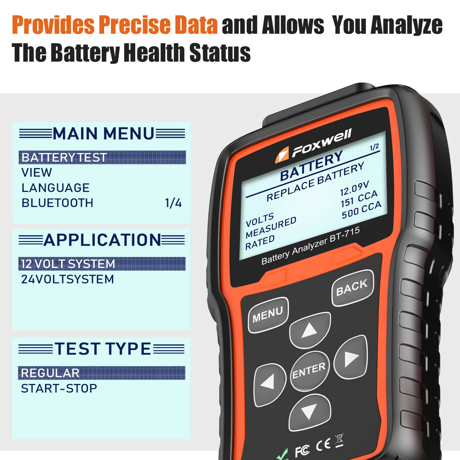 Foxwell BT715 Car Battery Analyzer 12V & 24V AGM / EFB Flat Plate Battery Tester Replaced Foxwell BT705