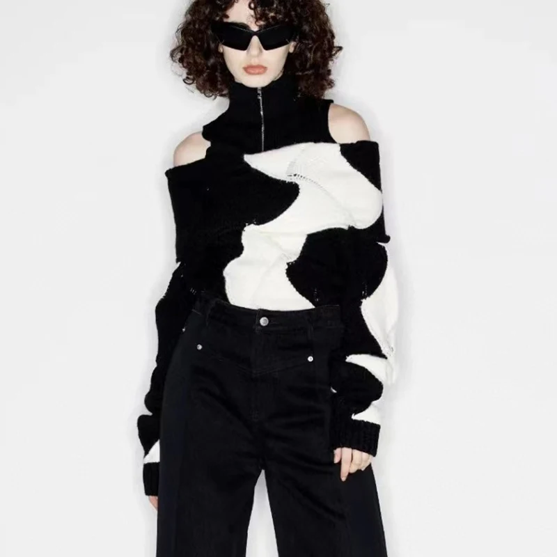 

2023 new autumn and winter strapless black and white clashing colour jumper fashion sexy ladies knitwear y2k tops