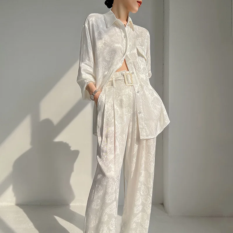 

2024New Rayon Jacquard Suit Street Style Elegant Women's Square Collar Shirt+Wide Leg Pants Fashion Loose High-End Two-Piece Set