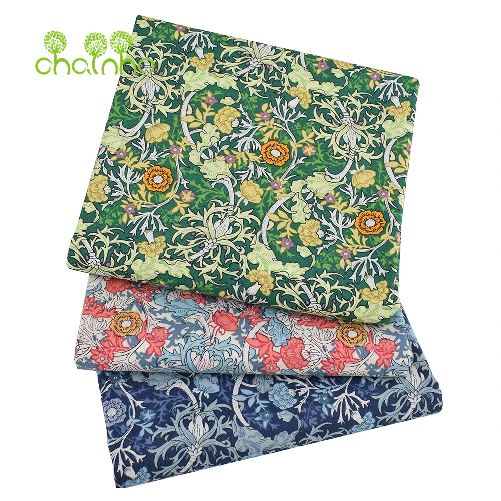Chainho,Printed Plain Weave Poplin Cotton Fabric,DIY Quilting Sewing Material,Patchwork Cloth,Floral Series,2 Sizes,15PC213