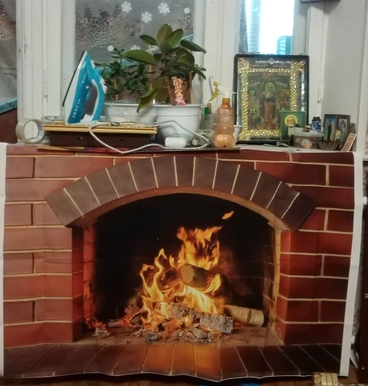 Photo Backdrop Laeacco Brick Wall Fireplace Wood Fire Burning Flame