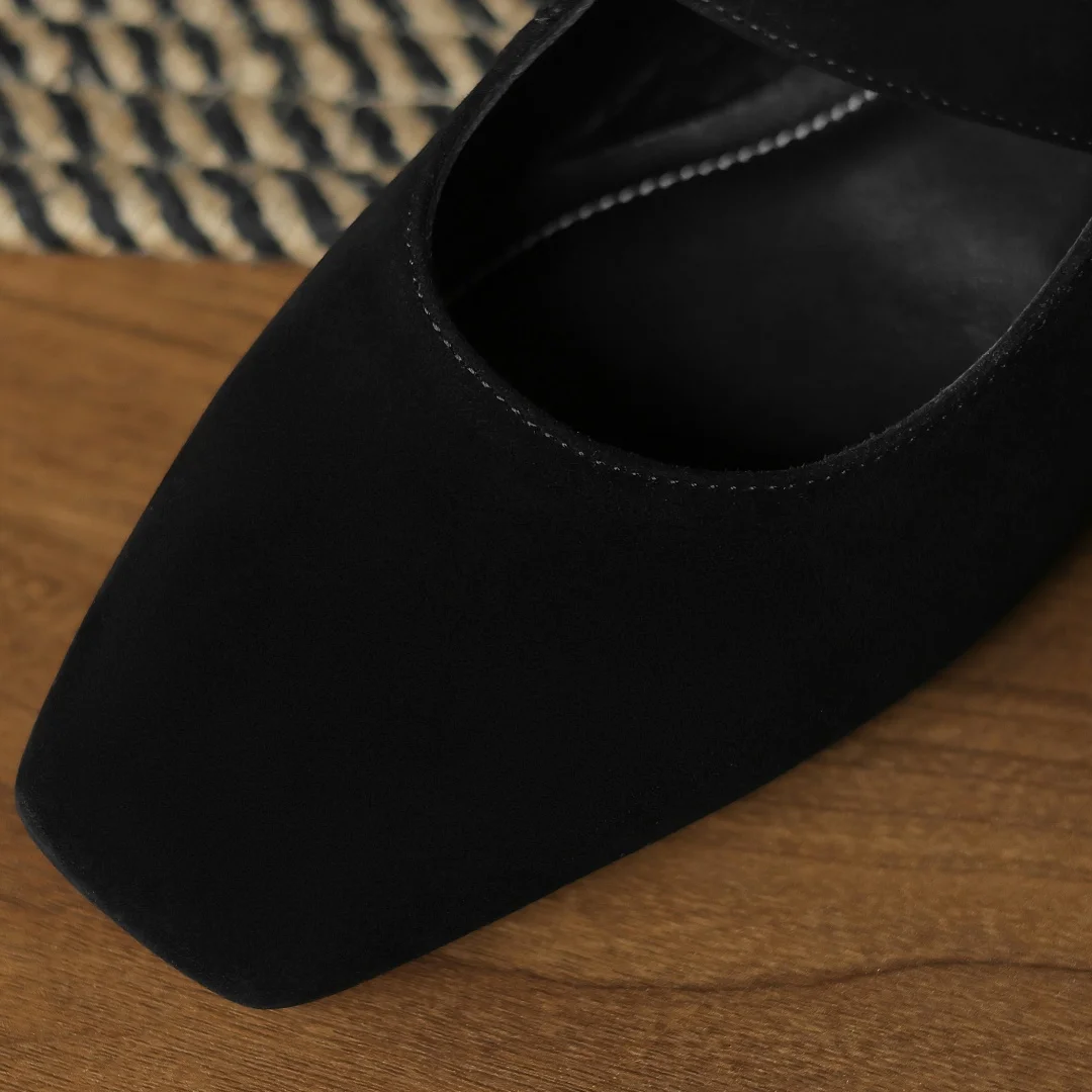 Women's natural suede leather crystal buckle square toe slip-on Mary Jane pumps 3.5cm thick med heel slim daily dress shoes sale