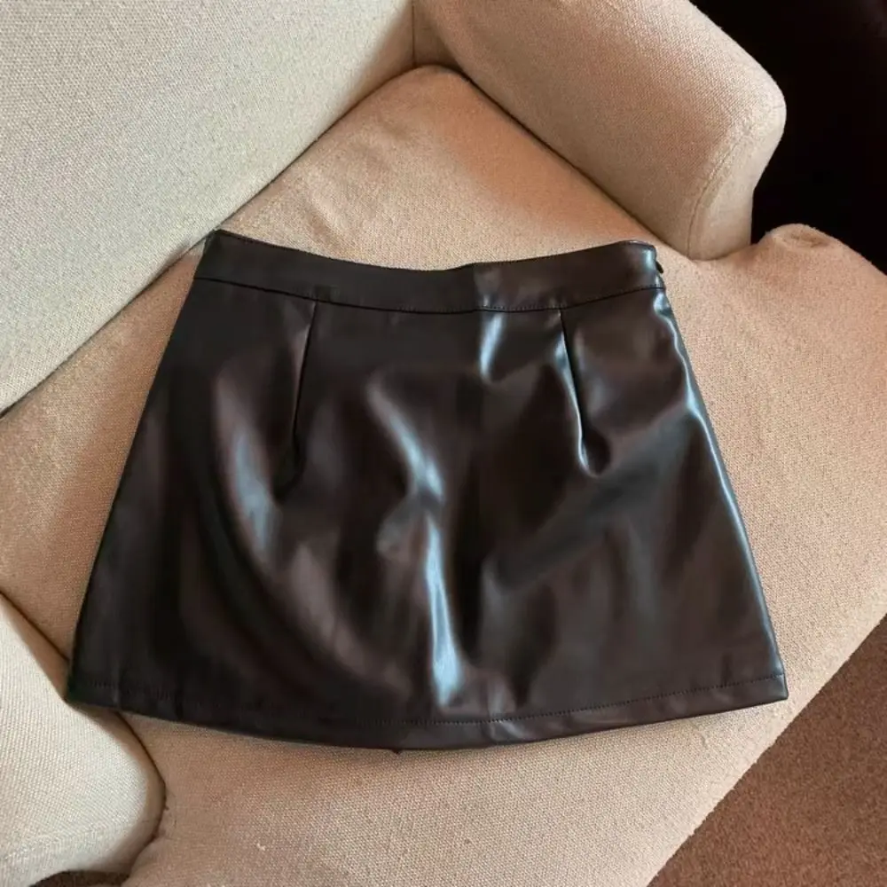 Split PU Leather Skirt Waterproof Solid Color Short Mini Skirts Spicy Girl Style Retro High Waist A-line Skirt Summer
