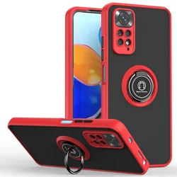 Matte Shockproof Camera Case with Car Magnetic Ring Stand and Cover - Redmi 10C 4G (Red)