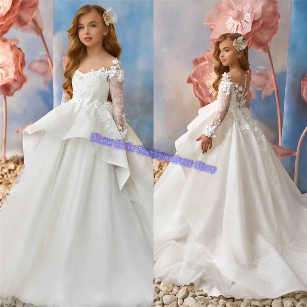 Elegant Lace Long Sleeve Flower Girl Dress White For Wedding Appliqued Litter Girls Birthday Party Evening Gown Communion Gowns