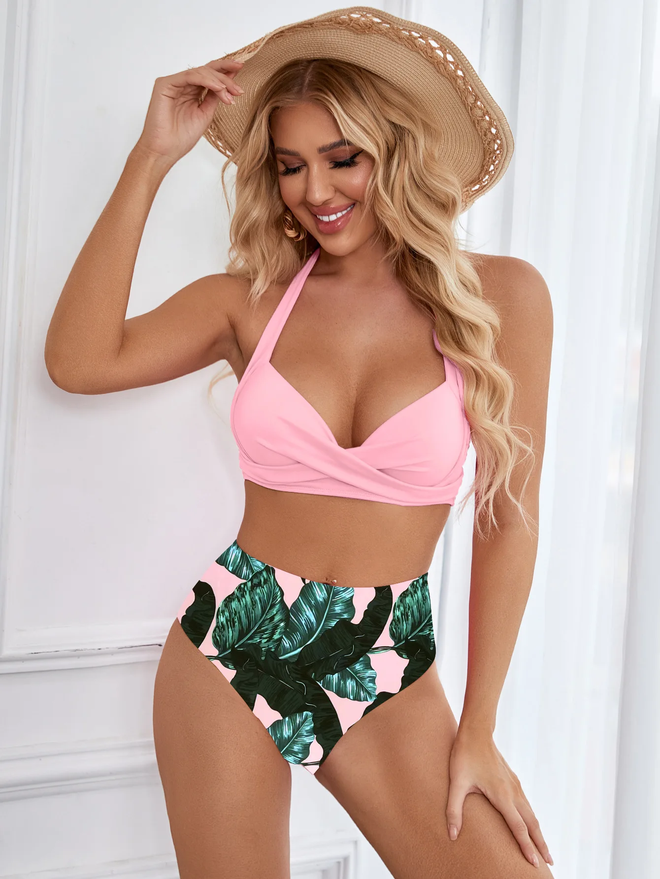 2 Pieces Sexy Bikini Set High Waist Swimwear Women Push Up Swimsuit Female Swimming Bathing Suit Leaf Print Beach Wear Swimsuits