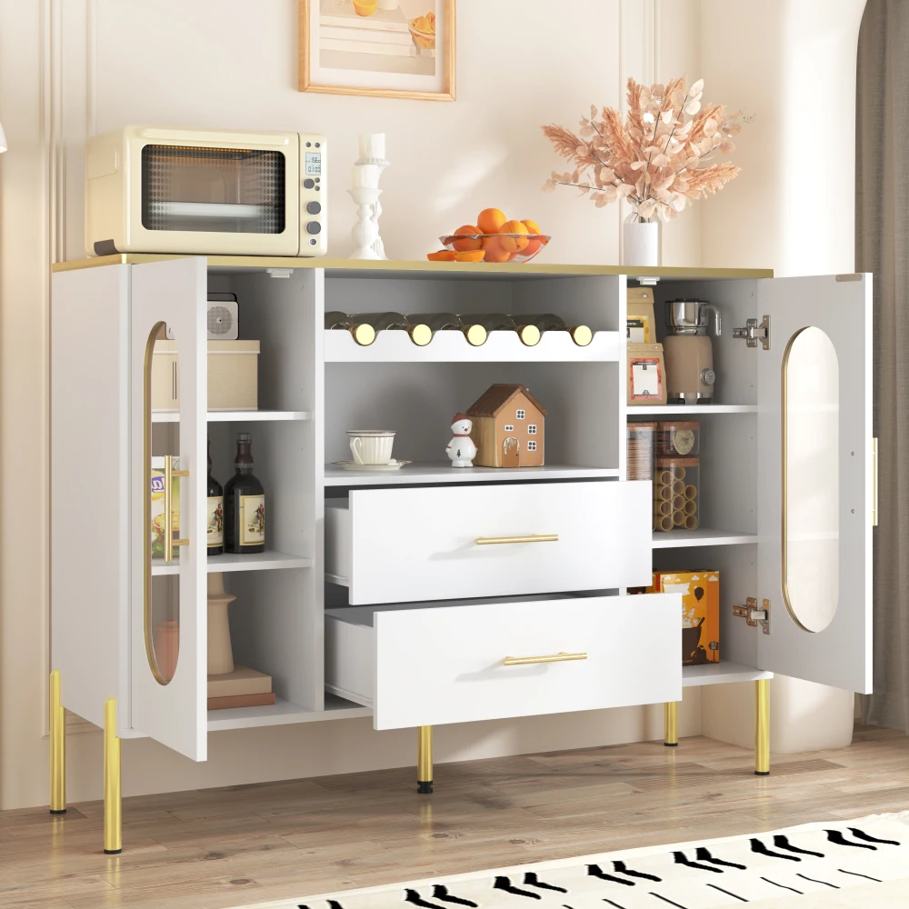 PINGGO Modernes Sideboard mit Glasfronten, Weinregal, Verstellbaren Füßen und Stauraum für Esszimmer und Wohnzimmer – Detail 9