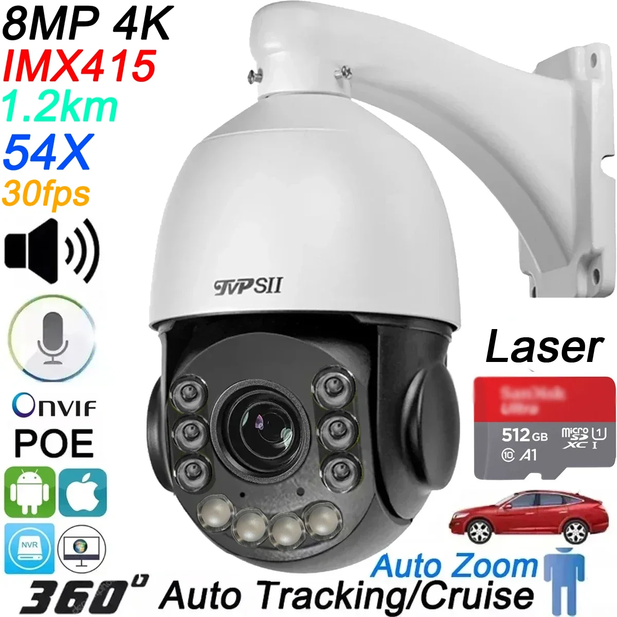 Laser Auto Tracking Vehicle Human 8MP 4K 54X Optical Zoom 360