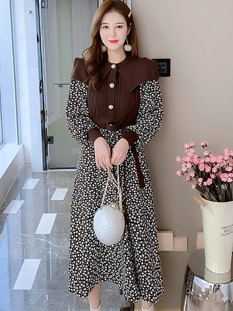 

Autumn Winter Korean Vintage Elegant Sweater Dress Women Fashion Floral Patchwork Knitted Dress 2023 Luxury Party Evenig Dresses