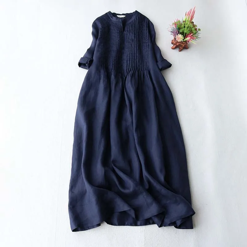 

2022 New Summer Women Cotton Party Dress Fashion Female Thin Arm Elegant Organ Pleated Dresses Casual Loose Flowy Vestidos