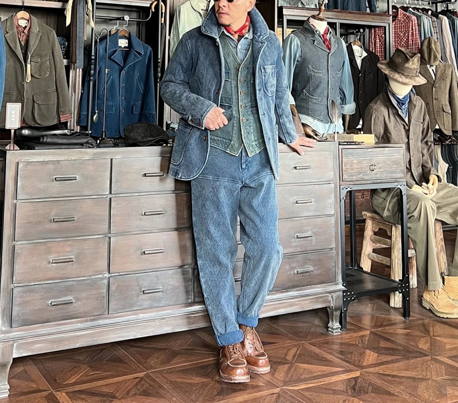 Men's Sashiko Suit Jacket Indigo Blue Vintage Workwear