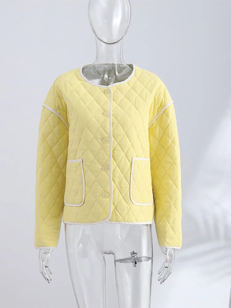 Argyle Panelled Patchwork Thin Padded Jacket Women Elegant O-neck Long Sleeve Single Breasted Pockets Coats New Ladies Outerwear