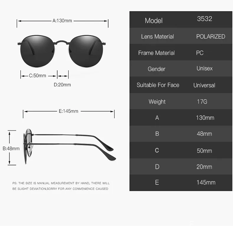 Klassische Vintage Runde Polarisierte Sonnenbrille Männer Marke Designer Polaroid Sonnenbrille Frauen Metall Rahmen Schwarz Objektiv Brillen_voghion.com