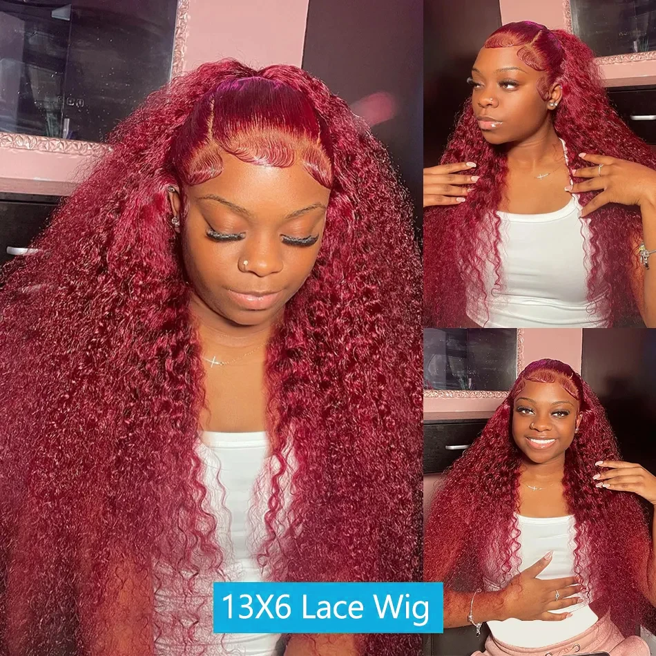 40 Inch 99j Burgundy 13x6 Hd Lace Frontal Human Hair Wig Red Colored Remy Wig 13x4 Transparent Lace Curly Deep Wave Frontal Wig 3