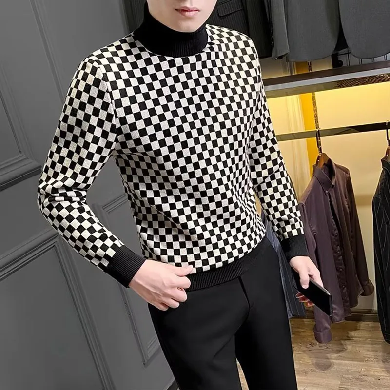 Winter KPOP Fashion Style Harajuku Slim Fit Undershirt Loose Casual All Match Knitwear Insert Lattice Lapel Long Sleeve Sweaters