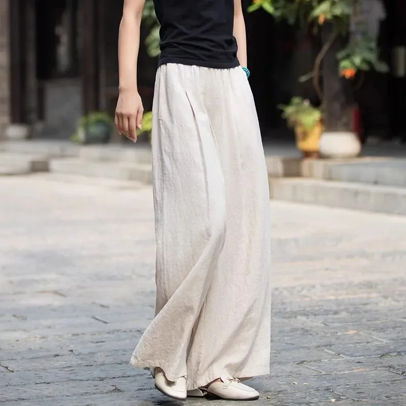 Cotton and Linen Solid Color Elastic Waist Wide Leg Pants Lady Spring High Waisted Multicolor Loose Appear Thin Affordable Pants