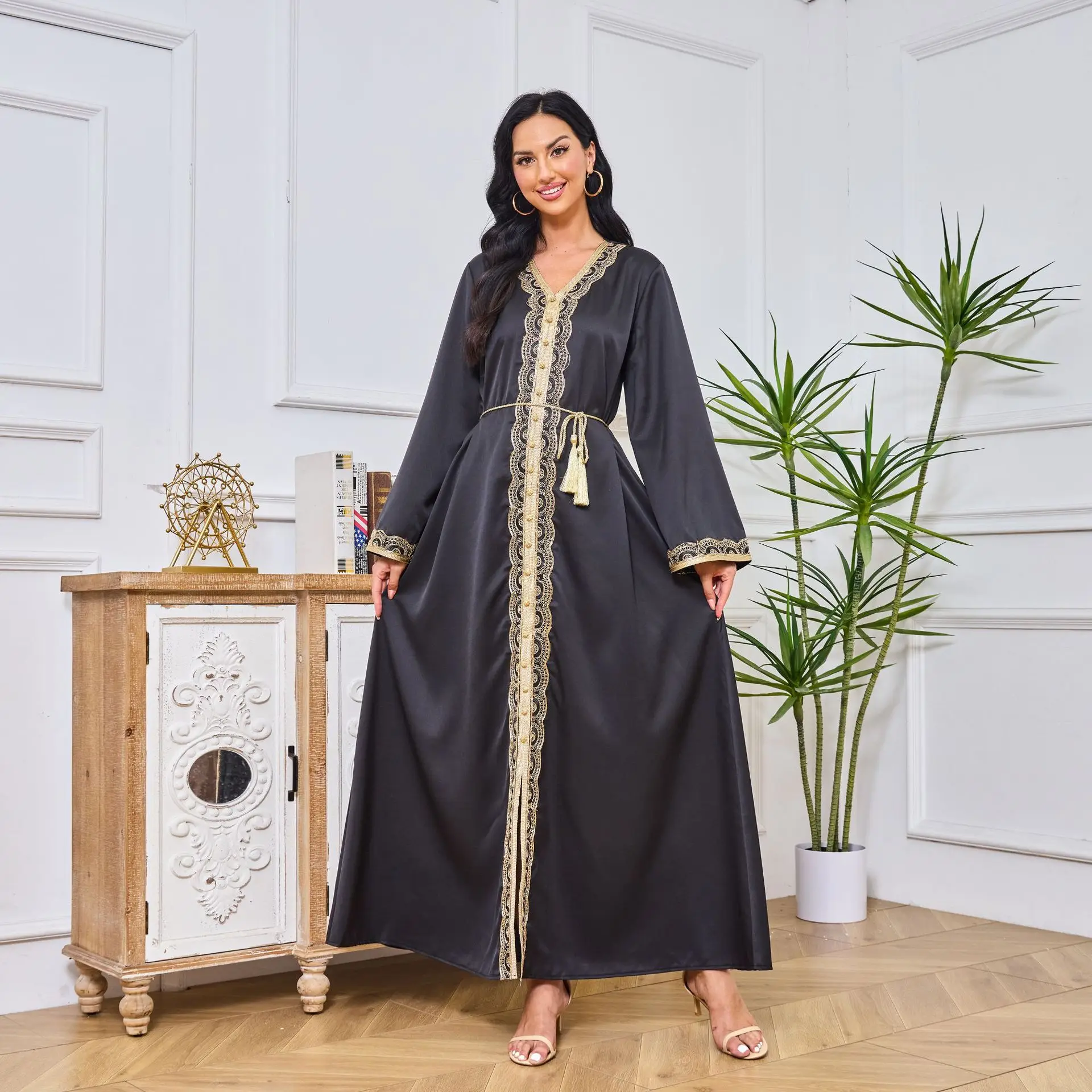 

Ruffled V-neck long sleeve embroidery lace fashion dress Arab abaya Muslim clothing evening dresses abayas for women muslim