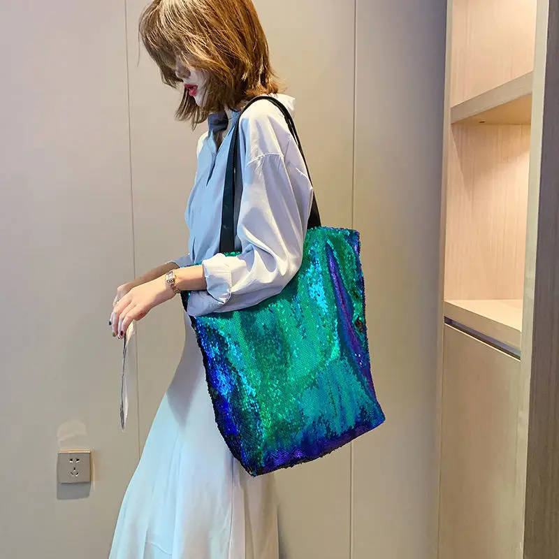 

повседневная сумка Trendy Sequined Shoulder Bag Shiny Shopping Bag Personality Tote Bag Portable Simple Bright Bag