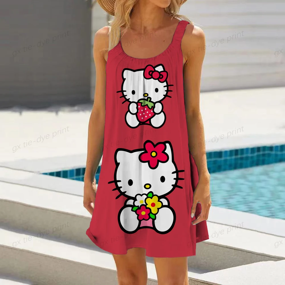 

Women Summer Spaghetti Strap O-Neck A-Line Mini Swing Dress Boho Cartoon Hello Kitty Print Loose Beach Cami Sundress