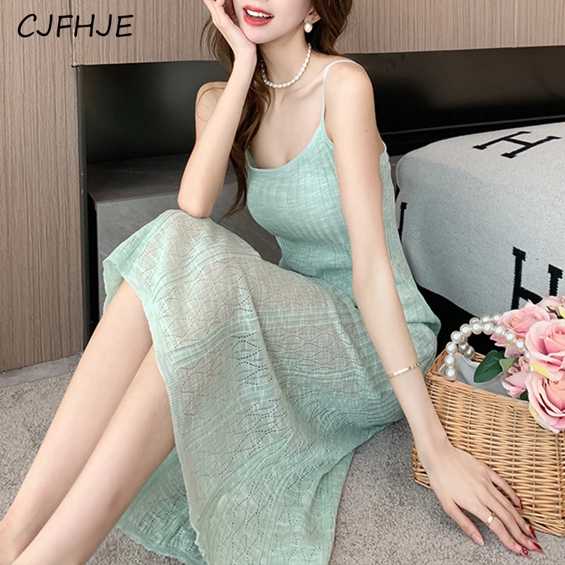 

CJFHJE Summer Fashion Mint Green Knitted Women's Sling Dresses Korean Casual Waist Wrapped Women Vacation Style Hip Wrap Dress