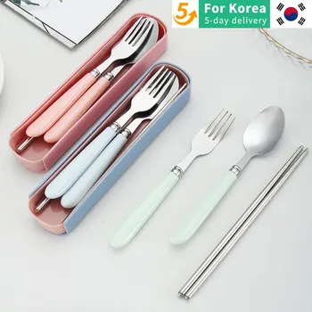 한국 귀여운 스테인레스 스틸 휴대용 식기 세트, 모조 세라믹 포크 스푼 젓가락 삼각형 세트 상품 이미지