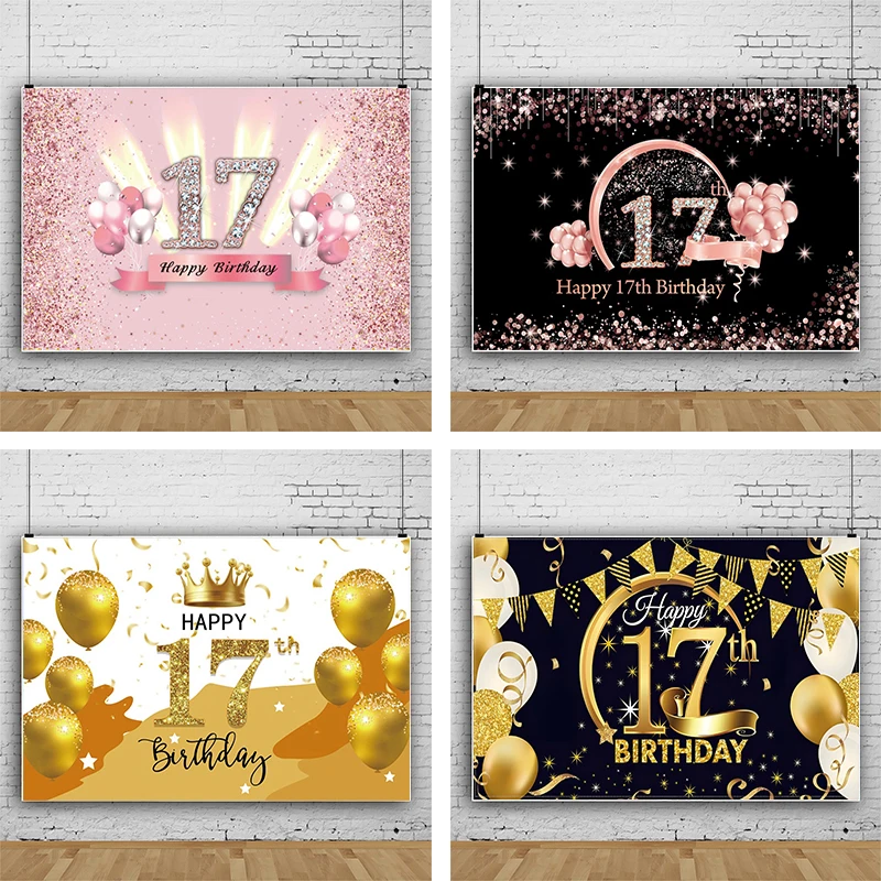 

Happy 17th Birthday Backdrop for Girls Boys 17 Years Birthday Party Photography Background Cake Table Decorations Photo Banner