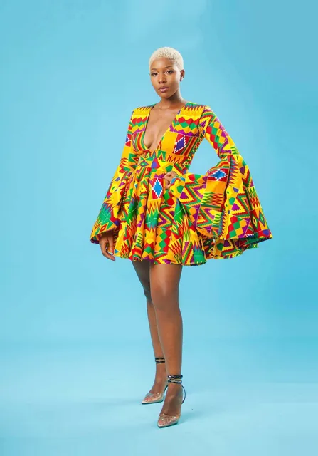 Dunni V-Neck Trumpet Sleeves Kente Dress - Image 3