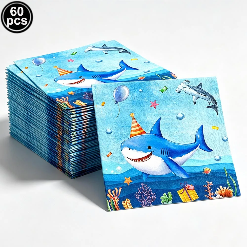 Blue Cartoon Shark Theme Disposable Tableware Set for Kids' Ocean Birthday Party Decor