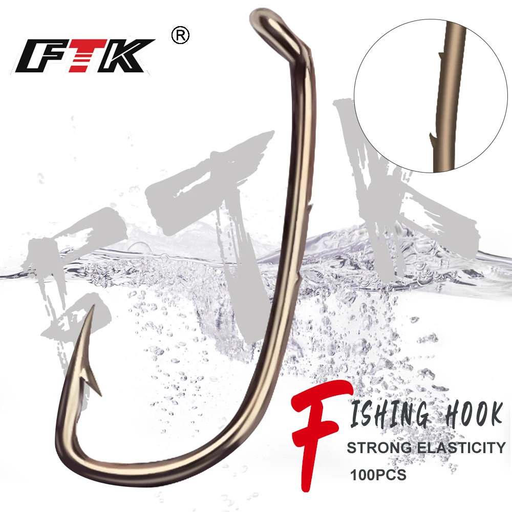 FTK Baitholder Fishing Hooks 100Pcs 7-10# Bait Hook Barbed Shank Down Eye Offset Circle Hook Carp Fishing Jig Worm Hook Tackle