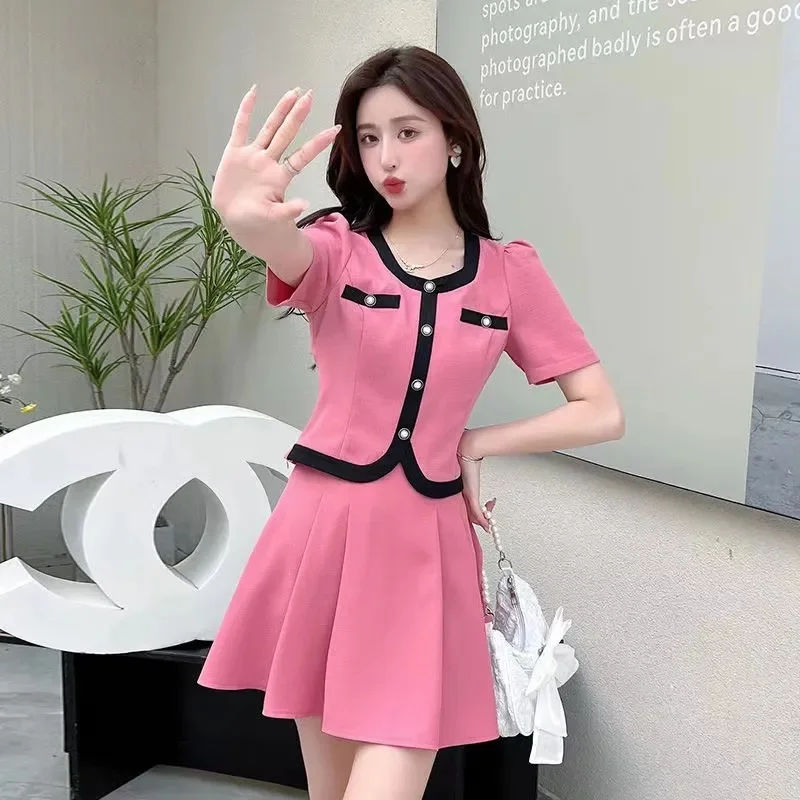 Large Size Women's Summer Dress Fashion Two-piece Round Neck Small Fragrant Wind Skirt Sweet And Spicy Small Suit Skirt