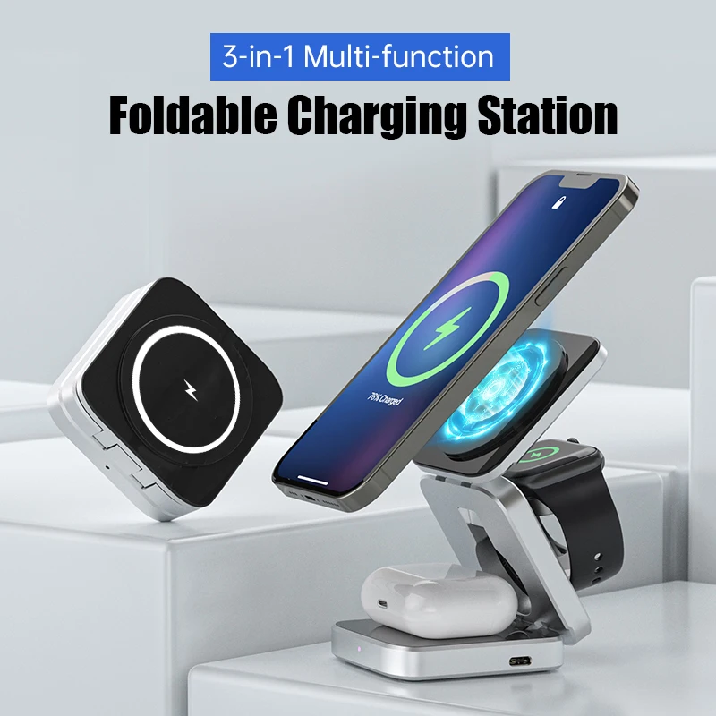 Station de Charge sans Fil Pliable 3 en 1 - Compatible  MagSafe/iPhone/Samsung - Support de charge sans fil - Magnétique 