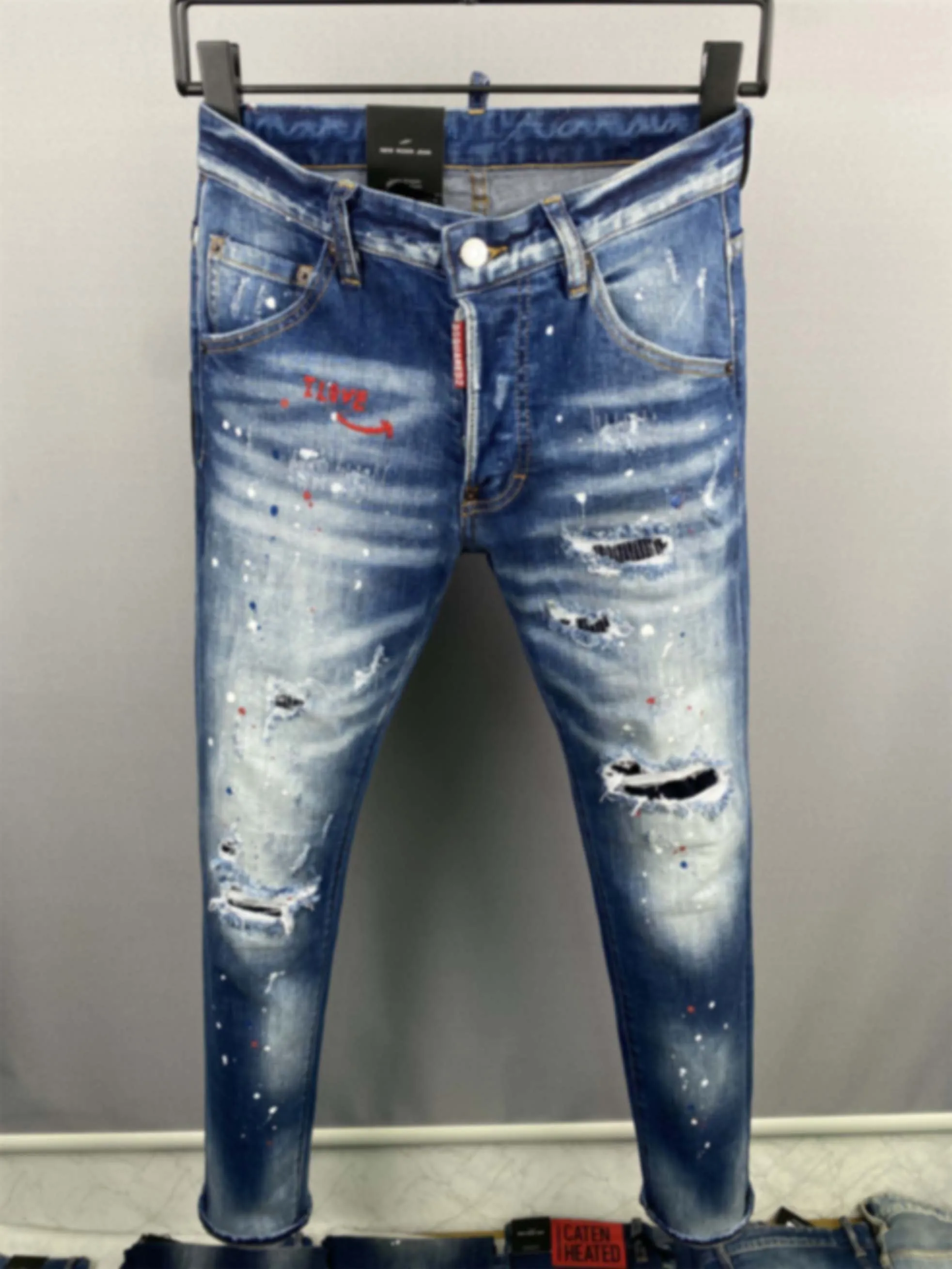 2023 New Denim Pants Men's D2 Jeans Pure White Small Feet Micro Elastic Water Wash, Worn Patches, Tidal Wash