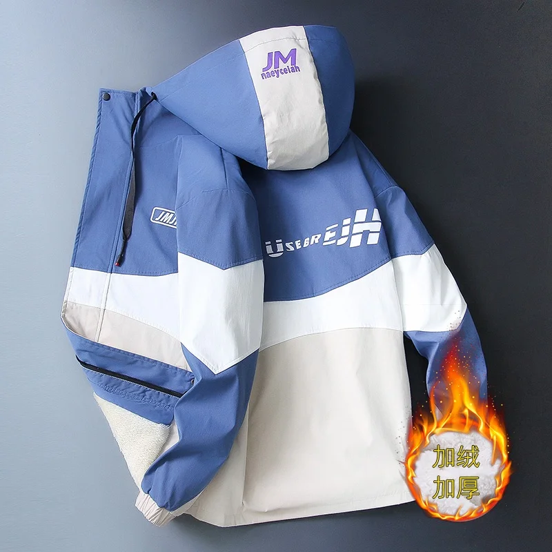 Casual Men's Thick Fleece Hooded Jackets Outwear Plush Liner Warm Coats 2023 Autumn Winter Youth New Plus Velvet Tops Clothing