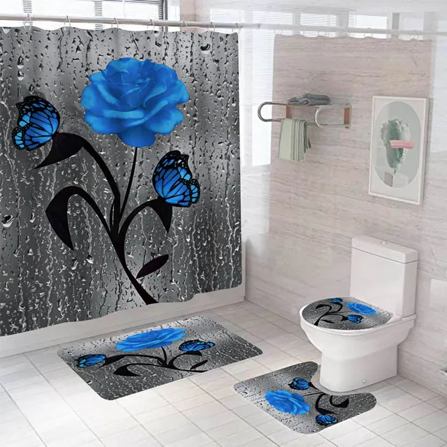 Rose Flower Shower Curtain Set Non-Slip Rugs Bath Mat Toilet Lid Cover and 12 Hooks Waterproof Polyester Bathroom Decor K-4pcs- Full Set