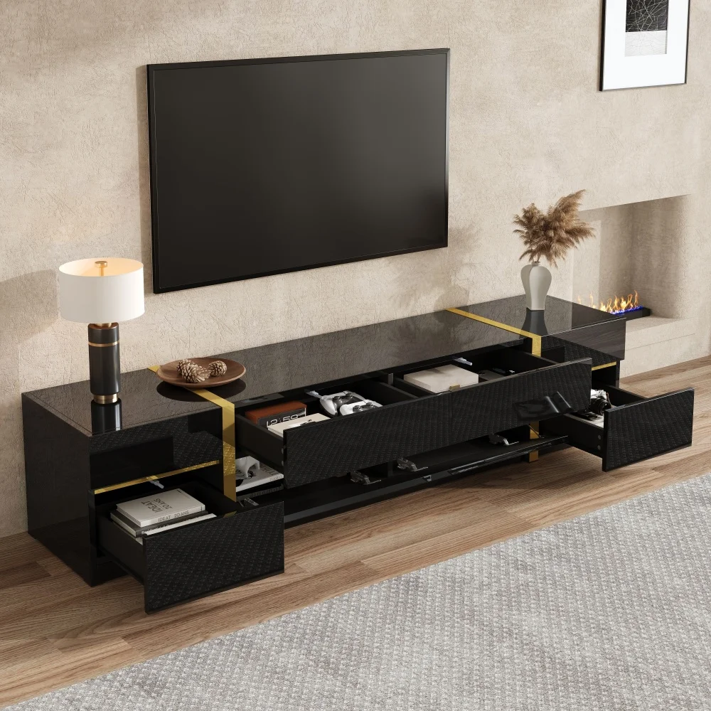Moderner Luxus-TV-Ständer, Hochglanz-TV-Schrank, Goldene Kanten, mit Schubladen und Türen, Bietet Viel Stauraum für das Wohnzimmer – Detail 28