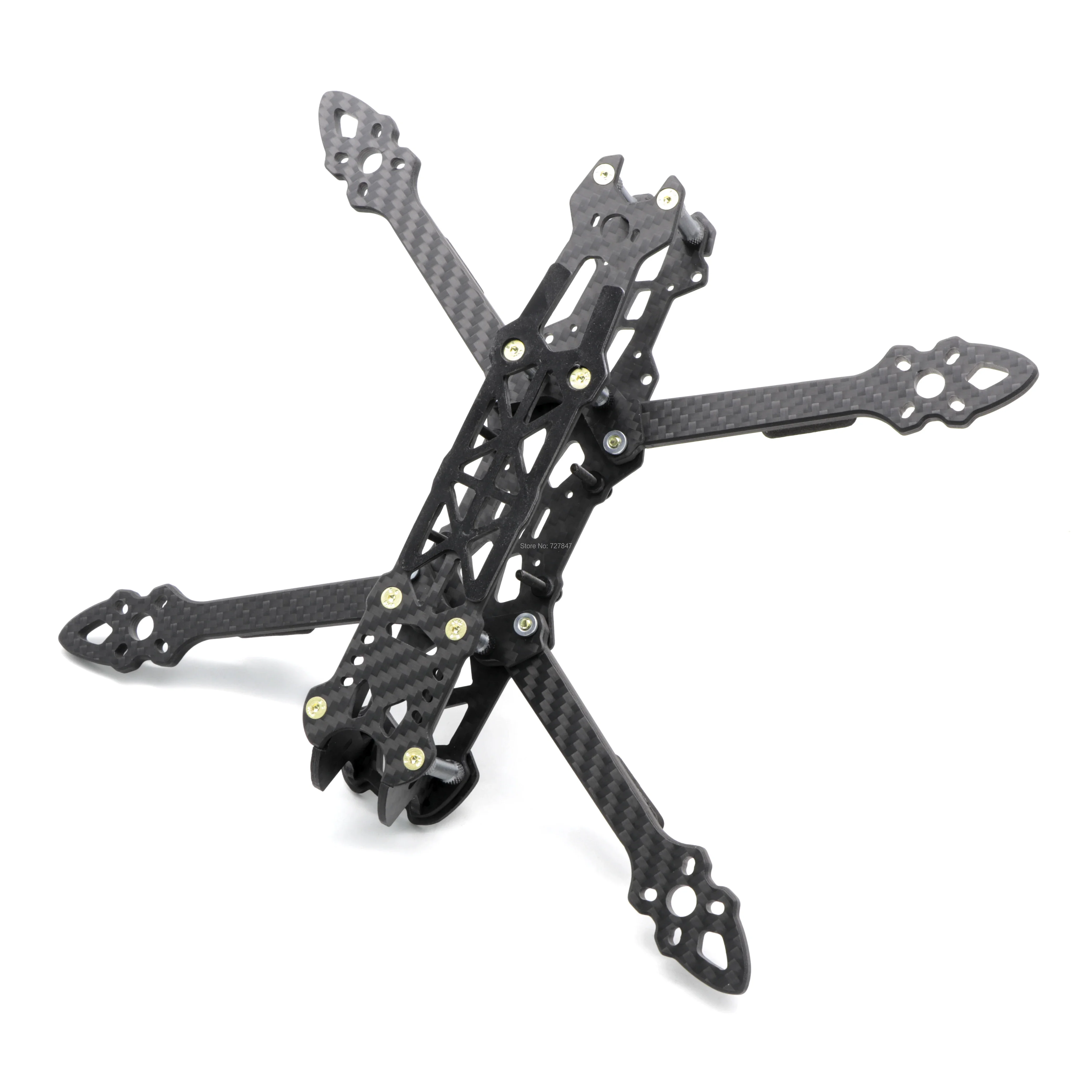 Détail des fixations et de la plaque inférieure du châssis Mark4 pour drone FPV 5-10 pouces, assurant une compatibilité universelle.