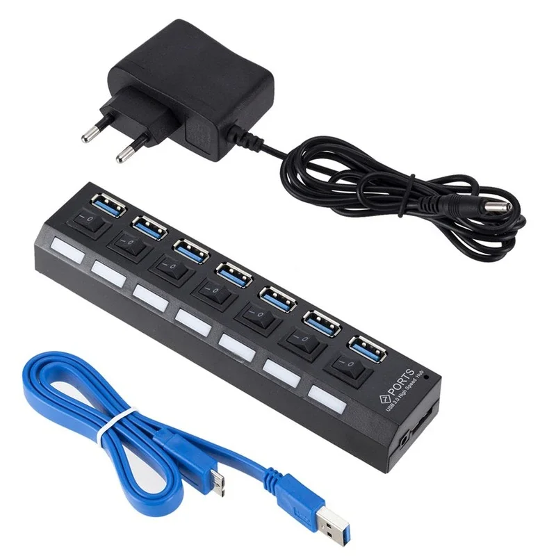 USB Hub GRWIBEOU USB 3.0 Hub Use Power Adapter Multi Splitter 7 Port Multiple 3 Hab Expander with Switch for PC