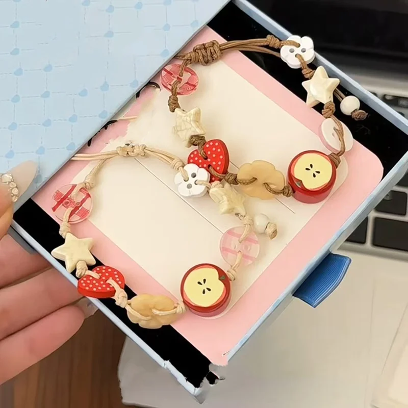 Handmade Ceramic Apple Bracelet - Adjustable Woven Cord Jewelry for Women